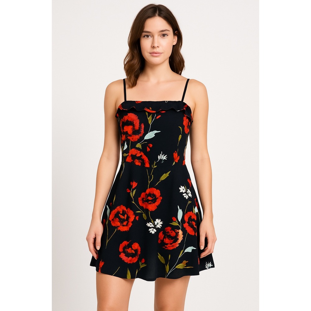 Olivaceous Floral Print Dress Ruffle Trim‎ Spaghetti Strap - Women's